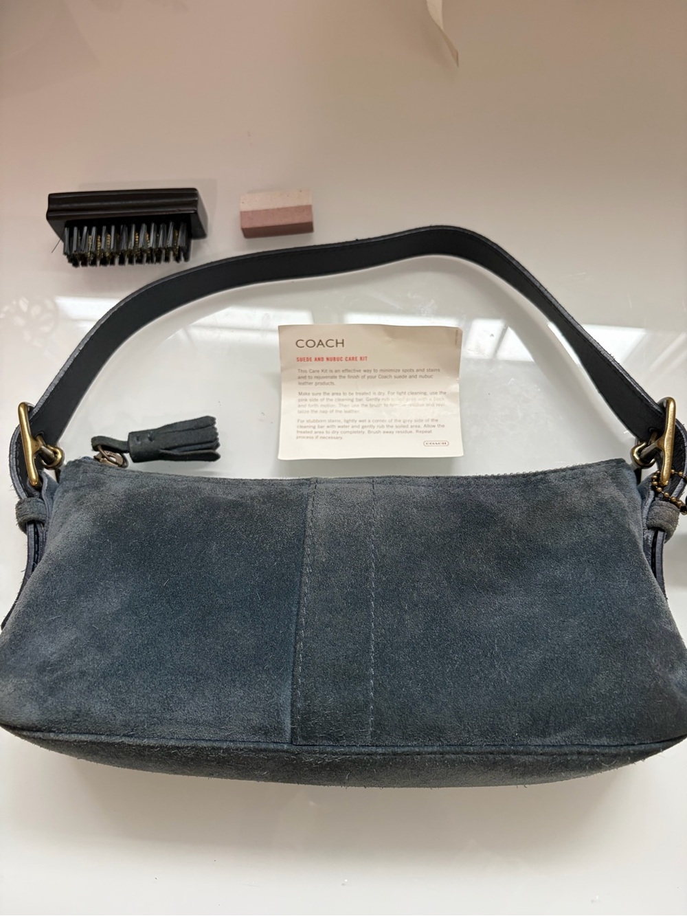 Y2K Demi AuthenticCoach Blue Navy Greyish Suede Shoulder Bag Hamptons - Picture 14 of 16